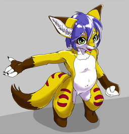anthro blue_hair brown_body brown_fur dipstick_tail fur grey_background hair high-angle_view inner_ear_fluff male markings multicolored_body multicolored_fur multicolored_tail simple_background solo tail tail_markings tuft two_tone_body two_tone_fur two_tone_tail white_body white_fur yellow_body yellow_fur karura_(artist) canid canine fox mammal source_request