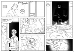 abduction alpha_(james_howard) anthro black_and_white canid canine canis chloroform comic dialogue digital_drawing_(artwork) digital_media_(artwork) domestic_cat duo english_text evil_grin felid feline felis james_howard kidnapping male mammal monochrome smile surprise tail text trick wolf