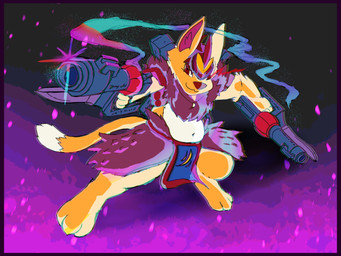 anthro armor backpack clothing cosmic_background fire fur fur_clothing fur_coat glistening_eyeshadow gun hand_on_gun headgear headwear khaki_fur knife magic magic_user male pose purple_background ranged_weapon red_eyes simple_background smile smiling_at_viewer solo tooth_necklace weapon weapon_arm weapon_on_back white_body white_fur himo_peter0409 himo canid canine chimera felid feline mammal 4:3 hi_res