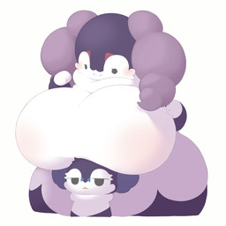 anthro big_breasts blush boob_hat breasts closed_smile dot_eyes duo featureless_breasts female front_view horn huge_breasts larger_female male markings mouth_closed multicolored_body narrowed_eyes open_mouth simple_background simple_eyes size_difference smaller_male smile tuft white_background wide_hips white_slime_(artist) nintendo pokemon generation_8_pokemon indeedee pokemon_(species) 1:1 2026 digital_media_(artwork) hi_res