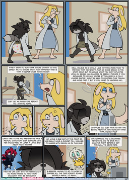 anthro asylum bottomwear clothed clothing coat diaper diaper_under_clothing diaper_under_skirt duo female female/female hospital lab_coat medical skirt text topwear wearing_diaper the_padded_room esmeralda_kingsley ludivine_laminelle canid canine mammal procyonid raccoon absurd_res comic english_text hi_res