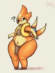 2_tails 3_toes anthro belly biped black_nose blush bottomwear bottomwear_pull clothed clothing clothing_pull feet female fingers fur loincloth loincloth_pull looking_down multi_tail navel orange_body orange_fur orange_tail pear-shaped_figure question_mark simple_background slightly_chubby slightly_chubby_anthro slightly_chubby_female solo standing strap_pull tail thick_thighs toes white_background wide_hips kingofacesx nintendo pokemon shelby_(simplifypm) floatzel generation_4_pokemon mammal mustelid pokemon_(species) 2017 dated digital_media_(artwork) signature