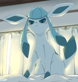 ambiguous_gender bed blue_body blue_eyes blue_hair blue_inner_ear blue_paws blue_sclera blush curtains_closed day dipstick_tail feral furniture hair inside looking_down markings morning on_bed sitting solo tail tail_markings makotoo nintendo pokemon eeveelution generation_4_pokemon glaceon pokemon_(species) japanese_description translated_description