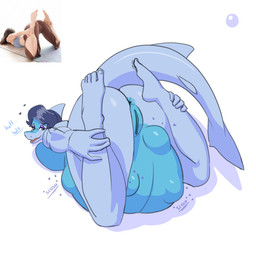 ankle_grab anthro anus bangs bedroom_eyes bent_legs biped blue_anus blue_vulva breast_rest breast_squish breasts butt clitoris dark_hair dorsal_fin eyeshadow feet female female_anthro fetal_movement fin fingers genitals half-closed_eyes hands_behind_back holding_leg humanoid_genitalia humanoid_vulva hyper hyper_pregnancy leg_grab looking_back lying makeup multicolored_body narrowed_eyes non-mammal_breasts non-mammal_vulva nude on_front open_mouth photo_reference pregnant rear_view seductive simple_background solo sound_effects squish swept_bangs tail tail_fin three-quarter_view toes two_tone_body vulva w-stretch_pose preggyshork diana_(preggyshork) aquatic fish shark 1:1 digital_media_(artwork) hi_res reference_image