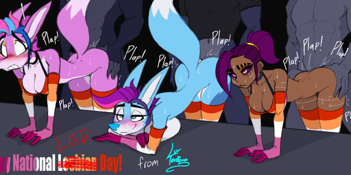 abs anal anal_penetration anthro armwear athletic athletic_male bent_over bodily_fluids breasts cleavage clothed clothing doggystyle elbow_gloves evening_gloves faceless_character faceless_male female female_penetrated footwear from_behind_position fur gay_to_straight gloves group hand_on_butt handwear legwear lesbian_pride_colors lgbt_pride lineup male male/female male_penetrating male_penetrating_female orientation_play pattern_clothing pattern_gloves pattern_handwear pattern_legwear pattern_thigh_highs penetration pink_body pink_fur pride_colors questionable_consent sex socks striped_clothing striped_gloves striped_handwear striped_legwear striped_thigh_highs stripes sweat thigh_highs thigh_socks jrvanesbroek eidilon_(jrvanesbroek) evie_raqcue yumi_pop_(jrvanesbroek) yumi_pop_(oc) canid canine canis fox human mammal wolf digital_media_(artwork) hi_res