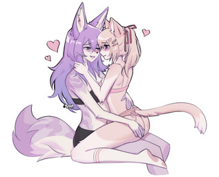 anthro anthro_on_anthro bra clothed clothing dipstick_tail duo eye_contact female female/female fluffy fluffy_tail footwear fur hair heart_symbol kemono lips looking_at_another markings midriff open_mouth open_smile panties pawpads pink_pawpads purple_body purple_fur purple_hair purple_tail simple_background sitting smile socks straddling tail tail_markings underwear white_background white_body white_fur bitterk4t domestic_cat felid feline felis mammal 2024 digital_drawing_(artwork) digital_media_(artwork) hi_res