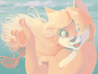 amber_eyes anthro blonde_hair bra clothed clothing cloud female flowing_hair hair looking_at_viewer open_mouth sky solo summer topless underwear undressing wind ajin canid canine fox mammal 2017 4:3 pastel_theme