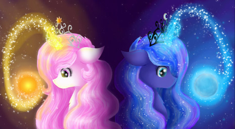 abstract_background blue_body blue_eyes blue_fur blue_hair crown duo female feral fur hair headgear horn magic moon pink_hair purple_eyes star sun white_body white_fur young chanceyb friendship_is_magic hasbro my_little_pony mythology princess_celestia_(mlp) princess_luna_(mlp) equid equine mammal mythological_creature mythological_equine unicorn 2015 hi_res