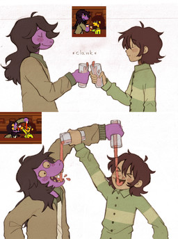 2_panel_comic adolescent ambiguous_gender anthro blush blush_stickers brown_hair clothed clothing container cup duo eyelashes female freckled_face freckles hair juice_(beverage) long_eyelashes purple_body sharp_teeth simple_background teeth text white_background young szivarvanyturmix deltarune undertale_(series) kris_dreemurr susie_(deltarune) human mammal reptile scalie 2025 absurd_res comic english_text hi_res reference_image