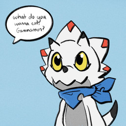 anthro black_claws chibi claws horn humor kerchief male smile solo text white_body yellow_eyes owlscribbles bandai_namco digimon digimon_ghost_game digimon_(species) gammamon 1:1 comic english_text hi_res