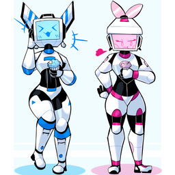 :3 chewing cupcake duo female food hand_on_hip machine male screen screen_face simple_background baronflint avalon_(baronflint) camelot_(baronflint) humanoid robot robot_humanoid 1:1