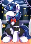 blue_eyes blue_hair blush bow_tie cauldron clothed clothing covering covering_face crossdressing doormat full_moon hair horn maid_apron maid_hat maid_headdress maid_uniform male moon night porch sitting solo trick_or_treat uniform welcome_mat shadowreindeer friendship_is_magic hasbro my_little_pony mythology shining_armor_(mlp) equid equine mammal mythological_creature mythological_equine unicorn hi_res