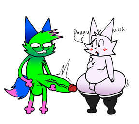 anthro balls belly big_penis biped bite biting_lip biting_own_lip black_clothing black_legwear black_nose black_thigh_highs blue_body blue_ears blue_fur blue_tail bodily_fluids cheek_tuft chest_tuft clothing dipstick_tail drooling duo facial_tuft fur fur_markings fur_tuft genitals gloves_(marking) green_body green_fur head_tuft leg_markings legwear legwear_only looking_at_another male markings mostly_nude multicolored_body multicolored_fur nude_anthro nude_male open_mouth penis pink_body pink_fur pink_tail_tip saliva self_bite simple_background socks_(marking) standing tail tail_markings teeth thick_thighs thigh_highs thigh_highs_only tuft vein veiny_penis white_background wide_hips lucaslora boy_kisser_(meme) don't_touch_my_pizza_(meme) nyanwolf kevin_(nyanwolf) silly_cat_(mauzymice) domestic_cat felid feline felis mammal 2026 digital_media_(artwork) hi_res meme