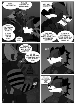 angry anthro covered_eyes dialogue duo fullbody_suit gas_mask inside male mask speech_bubble tail text viola_bat victor_johansen viola_bat_(character) bat canid canine fox mammal absurd_res comic english_text hi_res monochrome