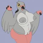 1:1 anthro anthrofied areola avian beak big_breasts bird black_eyes breasts butt claws columbid erect_nipples feathered_wings feathers female fur generation_5_pokemon genitals grey_body grey_fur head_tuft hi_res huge_breasts looking_at_viewer navel nintendo nipples non-mammal_breasts non-mammal_nipples nude open_mouth overweight overweight_anthro overweight_female pidove pokemon pokemon_(species) pokemorph posexe presenting pussy simple_background slightly_chubby solo standing thick_thighs tuft wide_hips wings yellow_eyes
