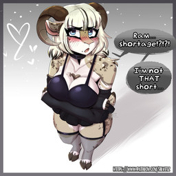 anthro big_breasts blush blush_lines breasts clothed clothing eyebrows eyeliner female high-angle_view hooves horizontal_pupils legwear makeup mascara nub_tail pupils short_female shortstack solo speech_bubble tail text thigh_highs silvetz bighorn_sheep bovid caprine mammal sheep 1:1 english_text hi_res shaded watermark