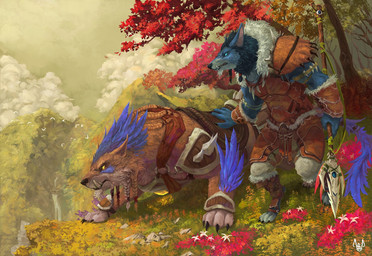 ambient_silhouette anthro blue_body blue_fur brown_body brown_fur clothed clothing cloud detailed_background duo_focus feral flower fully_clothed fur grass group harness holding_melee_weapon holding_object holding_polearm holding_spear holding_weapon male melee_weapon mount mount/rider_relations mountain outside plant polearm saddle silhouette sky spear standing tree weapon neungsonie blizzard_entertainment warcraft ambient_bird ambient_flier avian bear bird canid mammal werecanid werecreature worgen 2020 hi_res