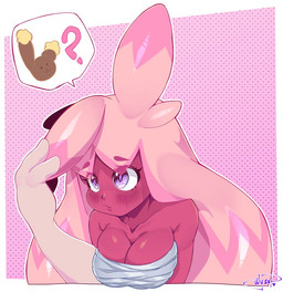 animal_ears blush blush_lines breasts chest_wraps cleavage clothed clothing eyelashes female female_humanoid front_view hair long_hair one_ear_up pink_background pink_hair purple_eyes question_mark simple_background solo speech_bubble white_background wraps weepinbelly nintendo pokemon generation_9_pokemon humanoid pokemon_(species) tinkaton