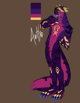 anthro biped blue_claws brown_background claws color_swatch fur green_eyes male nude_anthro nude_male open_mouth purple_body purple_fur simple_background solo standing sunshowes canid canine mammal absurd_res hi_res model_sheet