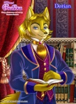 4_fingers anthro blue_eyes book bookshelf canid canine character_name clothed clothing coat curtains dorian_earl_grain fingers fully_clothed fur furniture hair holding_book holding_object inside looking_at_viewer male mammal pleasure_bon_bon rope shirt short_hair smile solo topwear vanessa_santato vest victorian yellow_body yellow_fur