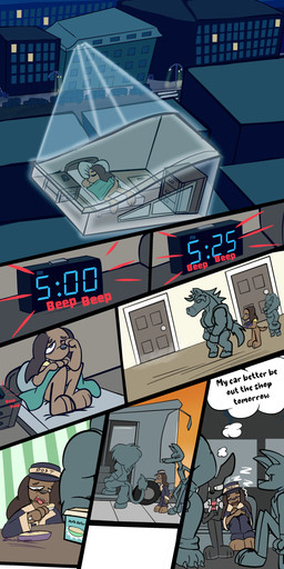 8_panel_comic ambiguous_gender anthro bed black_eyes black_nose black_text building bus clothing commercial_vehicle day dialogue eating eyes_closed floppy_ears furniture group hat headgear headwear hologram inner_monologue male night one_eye_closed open_mouth outside pillow red_text sitting sleeping sound_effects text thinking tongue vehicle vowelless vowelless_sound_effect walking white_sclera white_text zzz zincxiron canid canine equid equine mammal 2026 absurd_res comic english_text hi_res