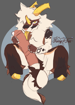 animal_genitalia animal_penis anthro balls big_balls big_penis blonde_hair bodily_fluids brown_body brown_fur chest_tuft equine_genitalia equine_penis fur genital_fluids genitals hair hooves horn huge_balls huge_penis licking looking_at_viewer male markings oral penile penis penis_lick precum pubes sex sitting sitting_on_ground solo spots spotted_body spotted_fur tongue tuft white_hair yellow_eyes yellow_hooves yellow_horn yellow_tongue foxyffox foxylovescoke caden_(huf13) bovid caprine caprine_demon demon goat goat_demon mammal hi_res sketch
