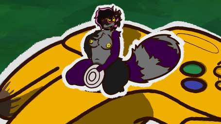 anthro blush breasts controller eyewear female fur game_controller glasses grey_body micro n64_controller nintendo_controller nipples purple_body purple_fur solo wearing_glasses yellow_nipples winrawrexe donkey_kong_(series) nintendo nintendo_64 winter_ithring mammal procyonid raccoon hi_res