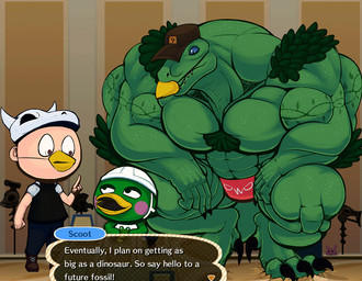 abs anthro arm_tattoo armor back_muscles bald beak biceps big_muscles big_pecs blue_eyes body_hair bone boots bottomwear brown_clothing brown_hat brown_headwear chest_hair chubby_cheeks claws clothed clothing crouching dialogue disguise extreme_size_difference fake_beak footwear fossil green_body green_feather green_hair green_scales group hair hat headgear headwear helmet huge_muscles huge_pecs hyper hyper_muscles inside light_body light_skin macro male muscular muscular_arms muscular_thighs museum neck_muscles oblivious owo pants partially_clothed pecs quads red_clothing red_underwear scales shirt shoes size_difference skull skull_hat smile snout tail talking_to_another tattoo text text_box topwear triceps trio underwear vest worried yellow_beak gigantilewd animal_crossing nintendo vinesauce scoot_(animal_crossing) villager_(animal_crossing) vineraptor anatid anseriform avian bird dinosaur dromaeosaurid duck human mammal prehistoric_species reptile saurischian scalie theropod 2017 animated english_text