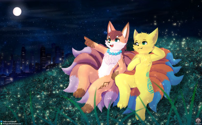 anthro blush city duo fur gesture grass_field hand_gesture jewelry lying male necklace night orange_body orange_fur pawpads pointing text yellow_body yellow_fur senz canid canine fox mammal absurd_res hi_res url