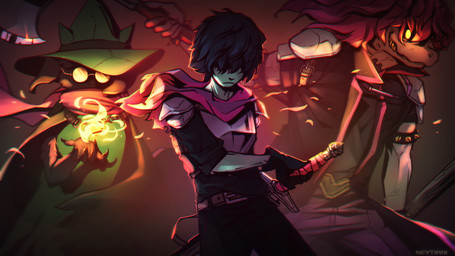 armor axe clothing eyewear fire glasses group hat headgear headwear male melee_weapon scarf sword weapon neytirix deltarune mythology undertale_(series) kris_dreemurr ralsei susie_(deltarune) bovid caprine dragon goat human lizard mammal mythological_creature mythological_scalie reptile scalie 16:9 chromatic_aberration hi_res video_in_description widescreen