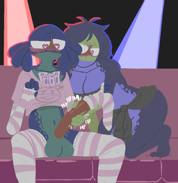 age_difference anthro balls blush breasts cleavage clothed clothing duo female femboy furniture genitals handjob heart_eyes heart_symbol legwear lights long_penis male male/female mature_female older_female penile penis sex sofa stockings strip_club younger_male sameltoe chucklefish starbound waitress_(sameltoe) amphibian frog hylotl