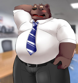 anthro blush bottomwear brown_body brown_fur clothing cute_fangs eyes_closed eyewear fangs fur glasses humanoid_hands kemono male necktie overweight overweight_anthro overweight_male pants shirt solo teeth topwear 12beat13 bear mammal 2015