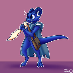 animal_genitalia anthro bag blue_body blue_eyes blue_scales bone cape cape_only casual_nudity cloaca cloak clothed clothing curved_horn dagger digitigrade female frill_(anatomy) genitals horn melee_weapon mostly_nude nervous scales solo tail viv weapon etchasketchy nicole_drac'lily kobold scalie 1:1 hi_res