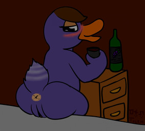 alcohol anthro anus beak bed bedroom_eyes beverage big_butt biped black_eyes blush brown_background brown_hair butt container cup drawer drunk eyelashes feathers female furniture genitals hair half-closed_eyes holding_container holding_cup holding_object inside looking_at_viewer looking_back markings narrowed_eyes nude on_bed open_beak open_mouth open_smile overweight overweight_anthro overweight_female presenting presenting_anus presenting_hindquarters presenting_vulva purple_body purple_feathers purple_tail purple_vulva rear_view seductive short_hair short_tail simple_background sitting smile solo striped_markings striped_tail stripes substance_intoxication tail tail_feathers tail_markings tan_anus two_tone_tail vulva white_stripes white_tail wine wine_bottle telem animal_crossing nintendo mallary_(animal_crossing) anatid anseriform avian bird duck 2017 digital_drawing_(artwork) digital_media_(artwork)