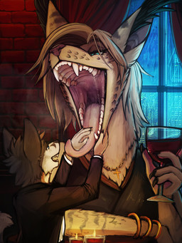 anthro black_clothing black_topwear blue_eyes bodily_fluids clothed clothing container cup drinking_glass duo female female_anthro fur glass glass_container glass_cup grey_body grey_fur grey_hair hair holding_container holding_cup holding_drinking_glass holding_object holding_wine_glass inside male male_anthro mouth_play mouth_shot narrowed_eyes open_mouth open_smile pink_tongue red_tongue saliva saliva_string short_hair size_difference smile tan_body tan_fur tan_hair tongue tongue_out topwear white_body white_fur wine_glass acidic canid canine felid fox mammal 3:4 hi_res