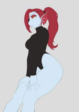 blue_body breasts clothing eye_patch eyebrows eyewear female frill_(anatomy) hair hands_on_legs hands_on_thighs leotard ponytail red_hair solo meruzis undertale_(series) undyne animal_humanoid fish fish_humanoid humanoid marine marine_humanoid 2025 absurd_res digital_media_(artwork) hi_res