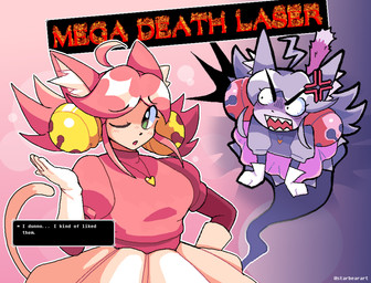 accessory angry animal_ears antenna_hair bell bloodshot_eyes bottomwear breasts cat_tail clothing cowlick cross-popping_vein dipstick_tail duo female female_humanoid fist frilly frilly_bottomwear frilly_clothing frilly_skirt ghost_tail gloves green_eyes grey_body grey_clothing grey_hair hair hair_accessory hand_on_hip handwear jewelry markings medium_breasts necklace one_eye_closed pink_clothing pink_hair sharp_teeth skirt tail tail_markings teeth text white_clothing stxrbears deltarune undertale_(series) mad_mew_mew mew_mew_(undertale) pink_(deltarune) animal_humanoid felid felid_humanoid feline feline_humanoid humanoid mammal mammal_humanoid spirit 2026 digital_drawing_(artwork) digital_media_(artwork) english_text hi_res