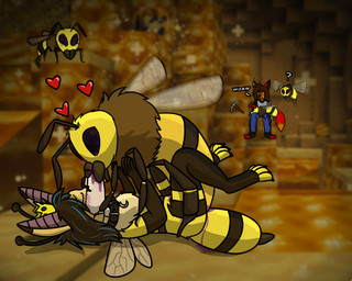 antennae_(anatomy) anthro bestiality bestiality_kiss blurred_background blush blush_lines bodily_fluids brown_hair collar crown eyes_closed feral flying group hair headgear heart_symbol highlights_(coloring) insect_wings lying on_back pickaxe pickaxe_(minecraft) question_mark saliva saliva_on_face text watching_from_afar wings metal_fox117 microsoft minecraft mojang xbox_game_studios ash_(metal_fox) kiba_(crescentwolf) arthropod bat bee canid canine fox hybrid hymenopteran insect mammal 5:4 absurd_res english_text hi_res andromorph_(lore)