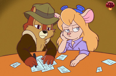 anthro blue_eyes bored brown_body clothed clothing coat duo eyewear eyewear_on_head female fur furniture goggles goggles_on_head hair hat headgear headwear holding_object holding_pen holding_writing_utensil male male/female narrowed_eyes overalls paper pen simple_background sitting table topwear writing_utensil ladycherrybomba archie_comics chip_'n_dale_rescue_rangers disney chip_(disney) gadget_hackwrench chipmunk ground_squirrel mammal mouse murid murine rodent sciurid digital_media_(artwork) hi_res