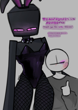 black_body bow_tie breasts bruised bruised_face bunny_costume clothed clothing costume duo fake_ears fake_rabbit_ears female fishnet_clothing fishnet_leggings fishnet_legwear follower_celebration gesture glowing glowing_eyes grey_clothing grey_shirt grey_topwear hand_behind_back hand_gesture larger_female leggings legwear leotard long_arms looking_away male not_furry purple_clothing purple_eyes purple_leotard shirt shirt_collar simple_background size_difference square_(anatomy) square_head text thumbs_up topwear kaiartis microsoft minecraft mojang xbox_game_studios anon enderman human humanoid mammal absurd_res digital_media_(artwork) english_text hi_res shaded