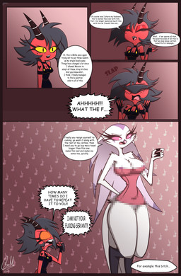 angry annoyed anthro big_breasts breasts censored_breasts censored_genitalia censored_nipples censored_vulva clothing dialogue eyelashes female glistening_eyelids half_naked larger_female long_eyelashes panties panties_on_face profanity size_difference smaller_female tear_trough text towel towel_around_waist towel_only tuft underwear gatojack3 hellaverse helluva_boss millie_(helluva_boss) stella_(helluva_boss) humanoid imp owl_demon absurd_res censored comic english_text hi_res