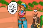 anthro big_breasts breasts clothing dialogue duo female huge_breasts male male/female speech_bubble confidentartist activision crash_bandicoot_(series) dingodile pirate_tawna bandicoot canid canine canis crocodile crocodilian dingo hybrid mammal marsupial reptile scalie absurd_res hi_res