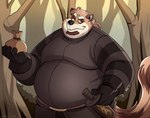 anthro belly big_belly black_nose brown_body brown_fur burglar burglary crime criminal fur humanoid_hands male money_bag outside overweight overweight_male plant robber robbery robbing solo stealing thief thug tree weapon john_vithor mammal procyonid raccoon 2022