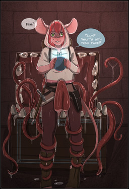 black_border border clothed clothing dialogue dungeon female fur hair simple_background solo speech_bubble tail teeth tentacles text topwear yourumi tilly_(yourumi) mammal mimic mimic_chest mouse murid murine rodent absurd_res comic digital_media_(artwork) english_text hi_res