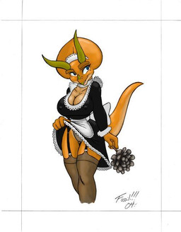 anthro big_breasts bone_frill bottomless bottomwear breasts camel_toe cleaning_tool cleavage clothed clothing clothing_lift feather_duster female frill_(anatomy) garter_straps horn legwear maid_uniform nipple_outline non-mammal_breasts raised_tail simple_background skirt skirt_lift solo stockings tail underwear uniform fossilizedart jurassic_beauties cherri_topps ceratopsian ceratopsid chasmosaurine dinosaur marginocephalian ornithischian prehistoric_species reptile scalie triceratops source_request