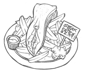 beef disembodied_vulva female food fries genitals gore humanoid_genitalia humanoid_vulva meat plate sign steak text vulva zero_pictured unknown_artist black_and_white english_text line_art monochrome pen_(artwork) traditional_media_(artwork)