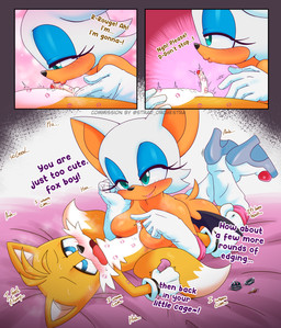 age_difference anthro blush breasts butt edging erection female genitals humanoid_genitalia humanoid_penis kiss_mark kissing male nipples nude orgasm_denial penis penis_kissing small_penis smile tail text young young_male stradivarius sega sonic_the_hedgehog_(series) miles_prower rouge_the_bat bat canid canine fox mammal english_text hi_res