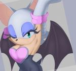 anthro bat_wings blue_eyeshadow breasts cleavage clothed clothing eyelashes eyeshadow female fur gloves green_eyes handwear makeup membrane_(anatomy) membranous_wings one_eye_closed raised_arm simple_background smile solo stretching white_body white_fur wings kalk427 sega sonic_the_hedgehog_(series) rouge_the_bat bat mammal