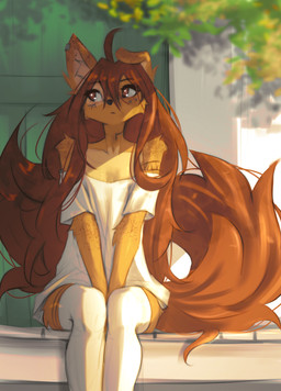 anthro arm_tattoo biped brown_eyes brown_hair brown_tail clothed clothed_anthro clothed_female clothing cold_shoulder_top countershade_fur countershade_torso countershading day ear_piercing female front_view fur hair inner_ear_fluff legwear long_hair long_tail looking_aside neck_tattoo one_ear_up outside piercing shirt sitting solo tail tan_body tan_fur tattoo thigh_highs topwear tuft tinygaypirate apogee_(tinygaypirate) canid canine canis domestic_dog mammal 2025 digital_drawing_(artwork) digital_media_(artwork) hi_res