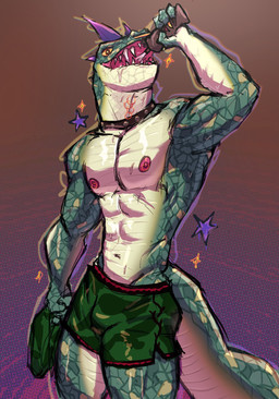 abs anthro bodily_fluids bottle bottomwear clothed clothing collar container drinking drooling facial_piercing green_body green_scales head_spikes holding_bottle holding_clothing holding_container holding_object holding_shirt holding_topwear male multicolored_claws muscular muscular_anthro muscular_male navel neck_piercing nipple_piercing nipple_ring nipples non-mammal_navel non-mammal_nipples nose_piercing nose_ring pecs piercing purple_spikes ring_piercing saliva scales sharp_teeth shirt shorts solo sparkles spikes spikes_(anatomy) sportswear star sweat tail teeth topless topwear ventral_scales yellow_sclera upatroopa goat_(movie) sony_corporation sony_pictures modo_olachenko komodo_dragon lizard monitor_lizard reptile scalie digital_media_(artwork) hi_res